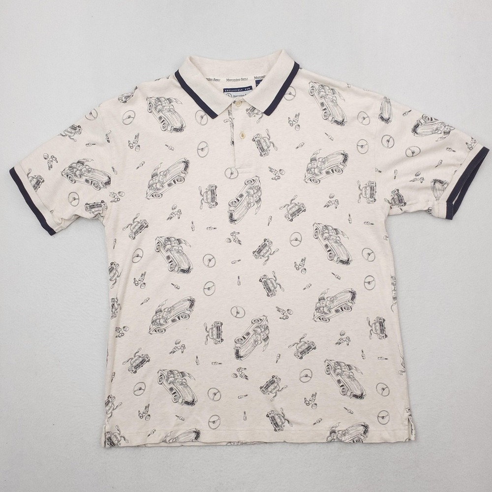 Mercedes-Benz Polo Shirt Mens Medium Cream Car Print All Over Graphic Automotive